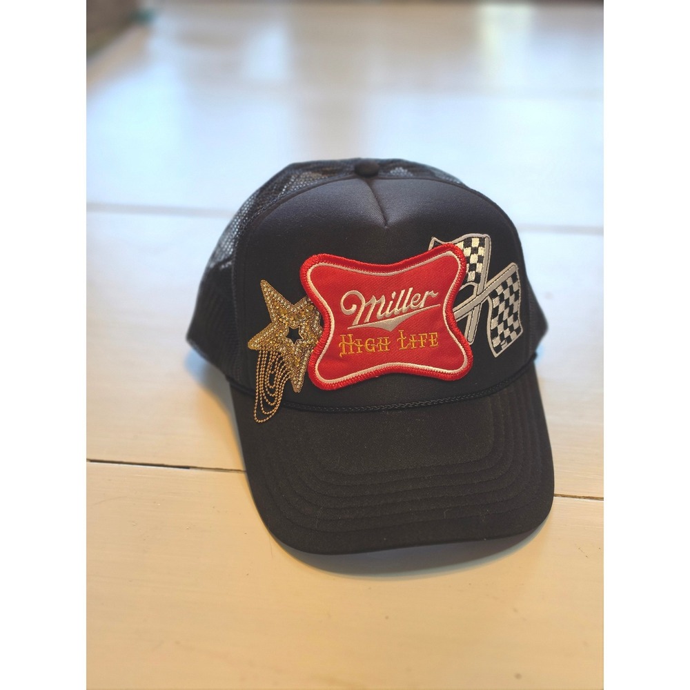 Otto Miller High Life Trucker Hat Black Mesh Snapback Rhinestone Star Racing Cap